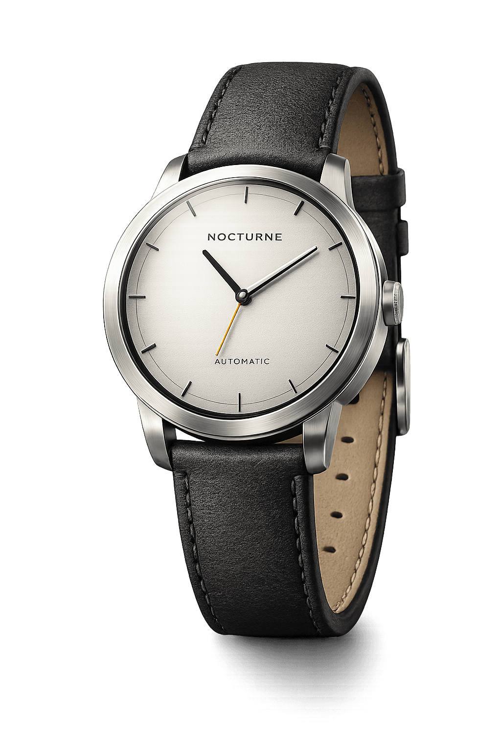 Three-quarter view of the NOCTURNE Atria automatic watch in brushed steel and black leather