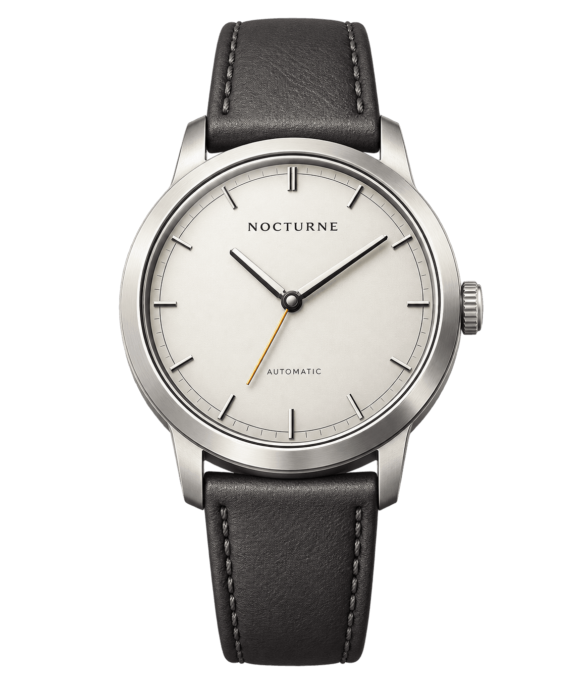 Front view of the NOCTURNE Atria automatic watch with a porcelain dial and black leather strap